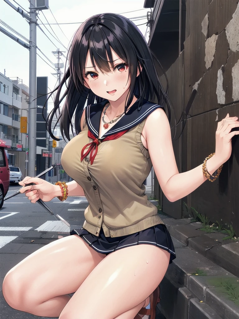     mature woman is open in millimeters  ,   お寺のBig Breasts, Student Uniform,  sailor suit, high school girl,    Cardigans   ,   cosplay, Big Breasts,        open your chest wide        , ,(     miniskirt length  :1.3),  (ベージュの Cardigans を羽織る  ),  sleeveless high neck top for viewers who place their hands behind the ground , No pants,(    sweated , shiny skin:1.1), (Ruins:1.2),      outdoor     ,sunlight, Spotlight effect,Dark Skies,Strong winds,(    High image quality,      high quality:1.1),      complicated details ,         Movie Lighting    ,      1 girl,(,  Because she's embarrassed ),(     necklace     ,      Bracelets),(Remoteプレイ:1.2), (Remote_vibration:1.2), (( hand:1.3))、   Dynamic pose of a ladle holding a ladle  ,