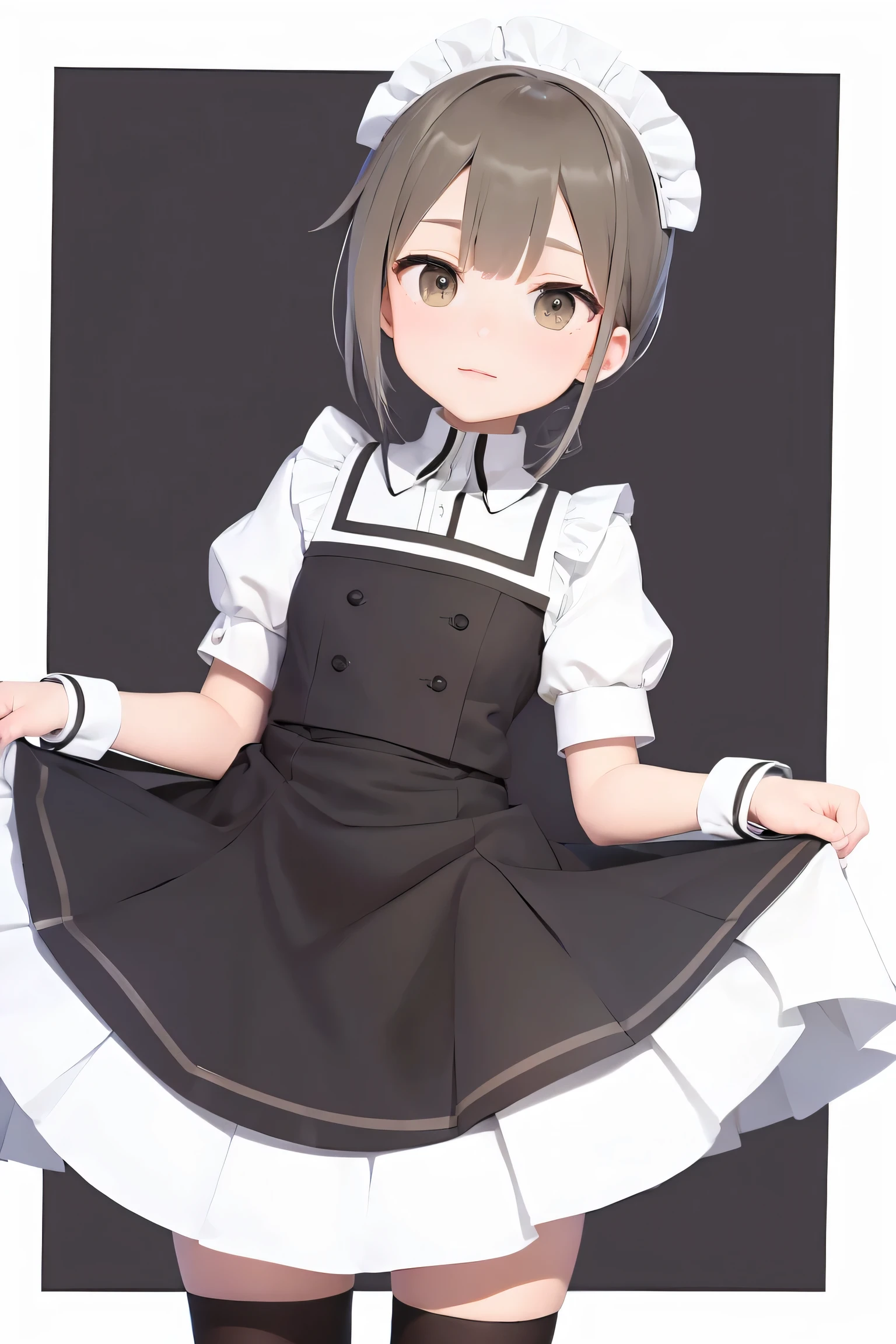 score_9, score_8_up, score_7_up, minawa, 1girl, solo, apron, maid, maid headdress, dress, alternate costume, white background, enmaided, green dress, simple background, short hair, skirt hold, looking at viewer, brown eyes, white apron, socks, blush, white socks, long sleeves