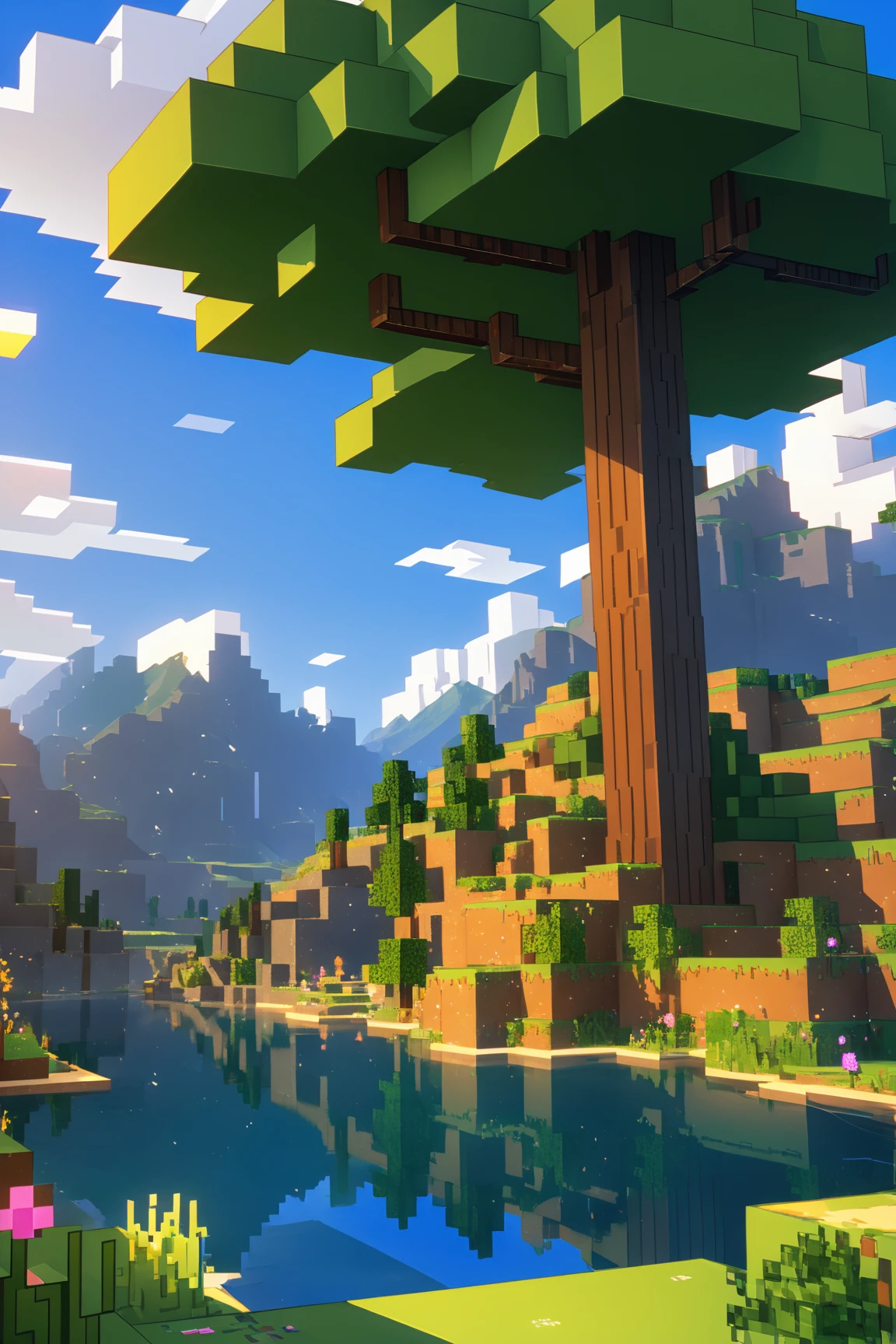 image of minecraft scenery,(minecralt style:1.5),  trees , mountains , river, sky, clouds , mages must be of the highest quality with cinematic lighting and 16K resolution. Great attention to symmetry will be used to make the characters mysterious and alluring. Artwork must be a masterpiece that displays total perfection and amazing attention to detail, including macro details, voluminous light, realistic reflections on surfaces, and ultra-detailed textures. Utilize cinematic effects to enhance the overall visual impact. For best quality, images should be UHD and in sharp focus,,score_9, score_8_up, score_7_up, score_6_up, score_5_up, score_4_up,