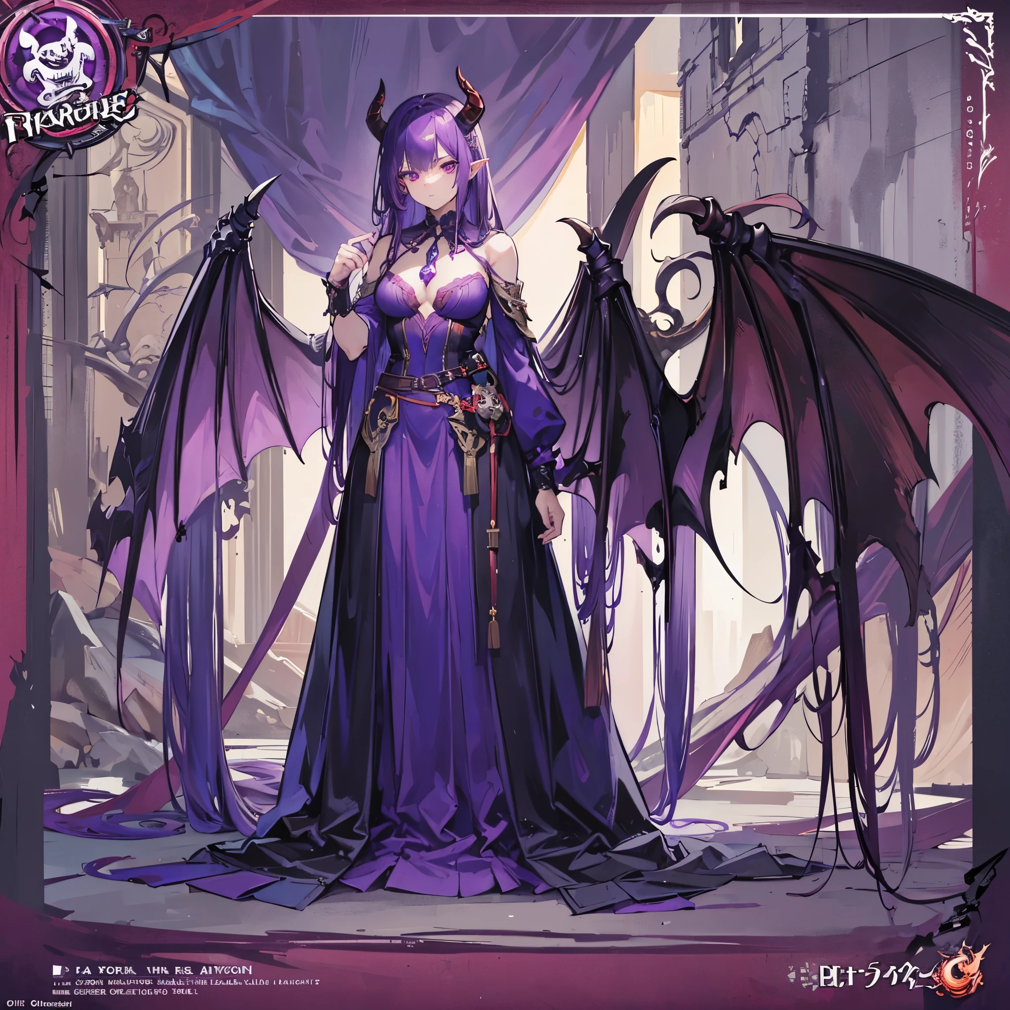 Dragon girl, full bodyesbian, Full body commission, reference sheet, Long hair, Purple colored hair, Dragon tail, Wings, Dragon horns