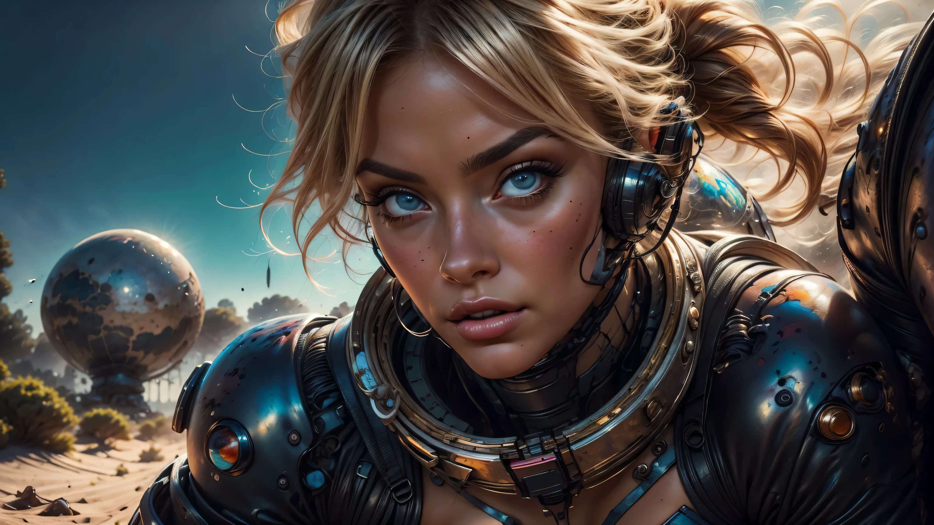 infrared image of a blonde white woman in a futuristic suit with a spaceship in the background, full body view, movie art, in front of an orange background of a Martian desert landscape, inspired by Robert McGinnis, female protagonist, megastructure in the background, portrait of an ai astronaut, astronauts, an astronaut, portrait of a astronaut skeletor, perfect android girl, Highly Detailed Face and Skin Texture, Detailed Eyes, Detailed eyelids, perfectly detailed teeth, (((Frank Franzetta style painting))),