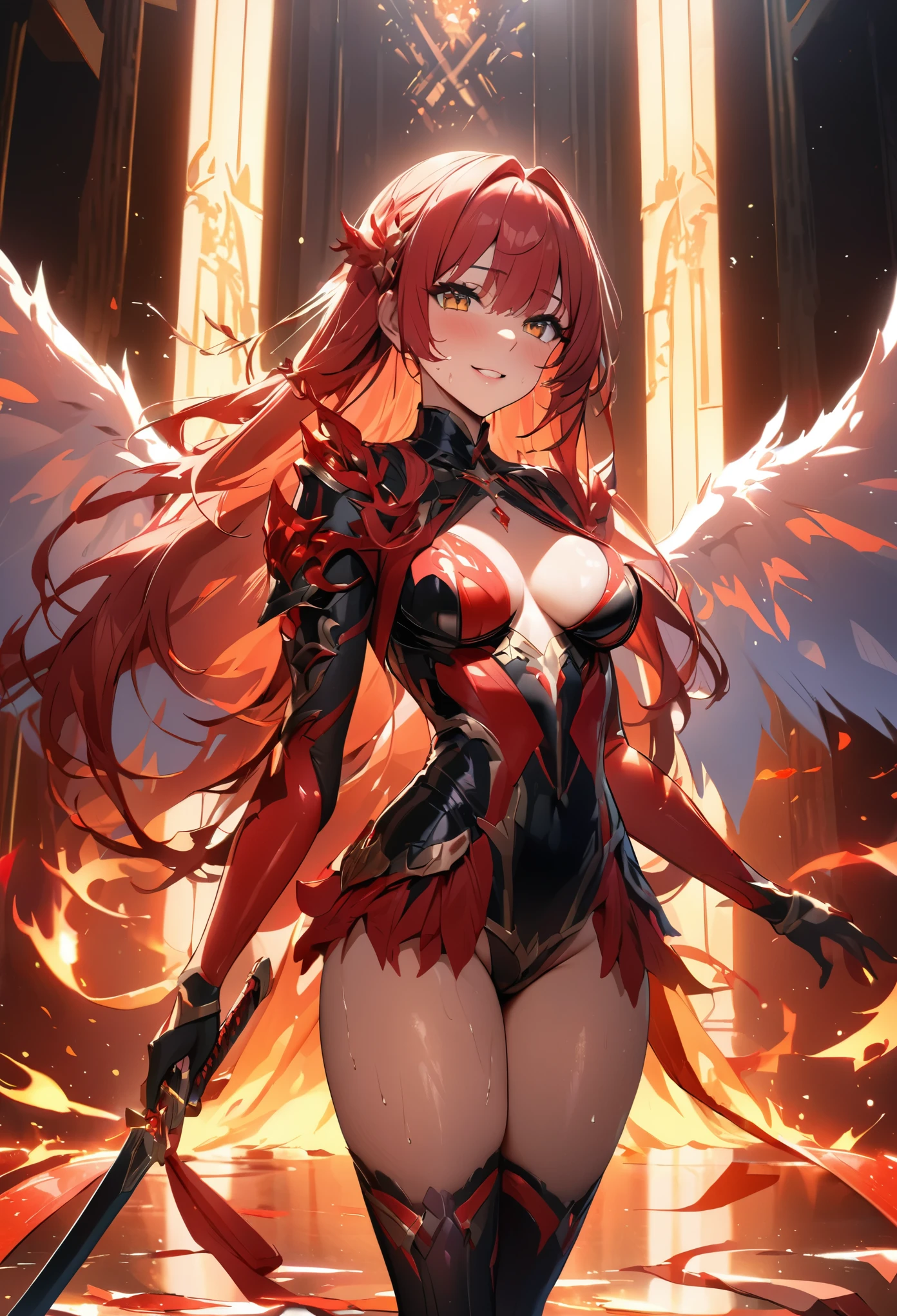 (masterpiece,  best quality:1.2,UHD,High Resolution、Detailed depiction)、One sexy beauty 、 sexy lips、Red lipstick、Drenched in sweat、Red Hair、White inner color、Incarnation of Fire 、Wings of Fire、 Sexy Smiles 、 sword with a red sword and a black blade、The sword is wearing fire 、Dazzling lights are scattered around、 raises a sword to the sky and unleashes great magic、 dynamic lighting 、 Flashy and Luxurious Effects、Golden Time 