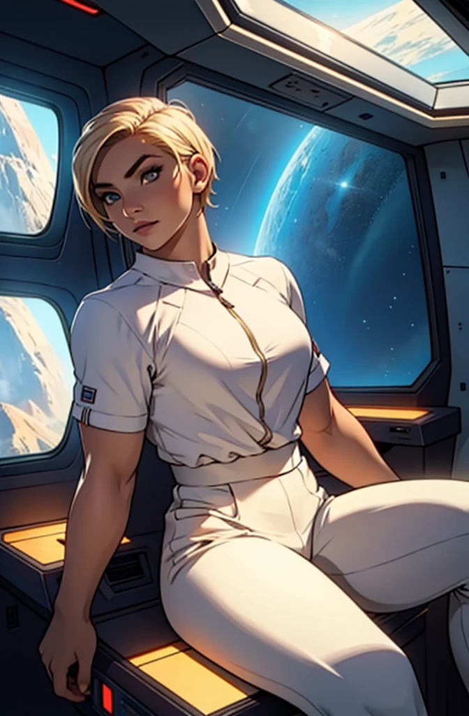 A blond young sexy woman with short hair and hot clothes sits on a seat in a spaceship and the window can show beautiful staras