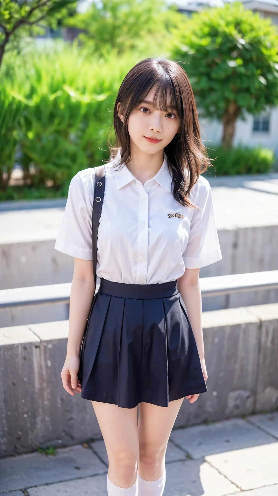 ***1 person、(8k、 RAW Photos、Best Quality、 High Quality、 masterpiece:1.2)、( real、 real)、1 person、( dark brown hair with leg decorations for medium hair、Y shirt with white collar 、tie、Breast enlargement、 blue check mini short skirt、 shiny skin、Thin legs、(Loose fitting socks、 wearing loose socks:1,2)、 sneakers、 front view、School grounds、( stand with your hands on your lower back, standing:1,2))、 cute、Show me your whole body、Midsummer、Sun Sunshine 、The shining sunlight