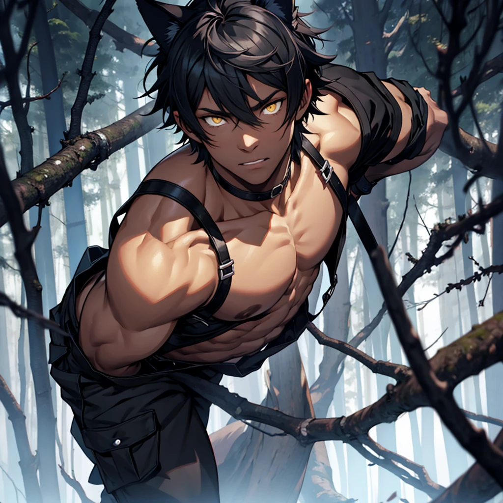 [femboy: 2.0, mature: 1.5, twink, Amorphous: 2.0] [dark skin tone: 1.0, yellow eyes, shaggy black short hair, black wolf ears, black fuzzy tail] [shirtless, black cargo pants] [night time, upward camera angle] [detail eyes, detail face, detail hand] [alone, shy expression, forest setting]