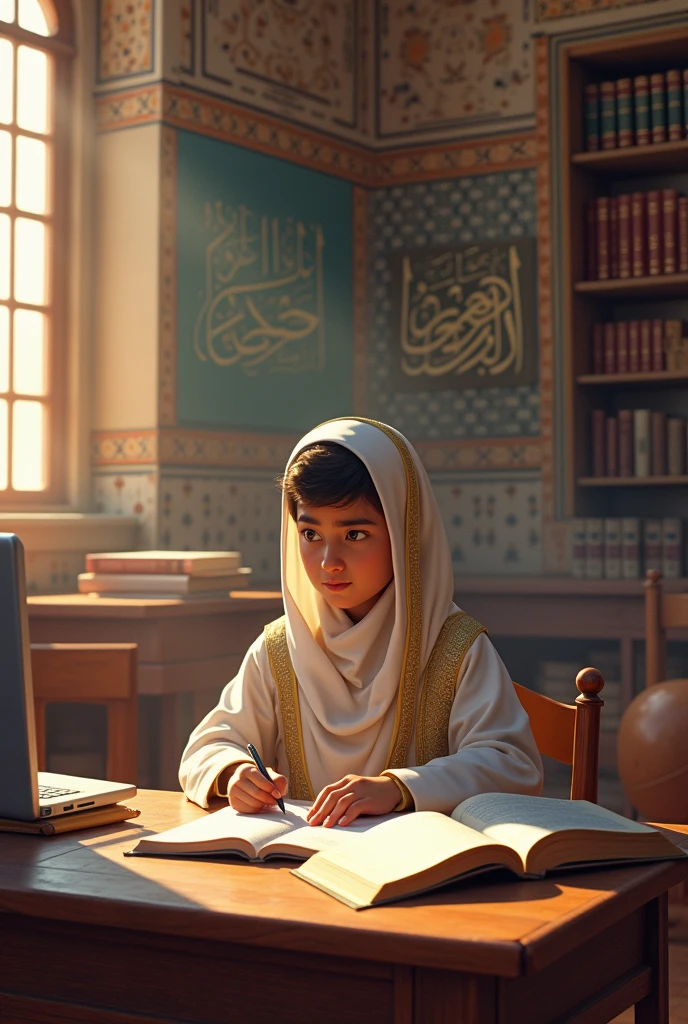 Sikh boy back side reading book with study table