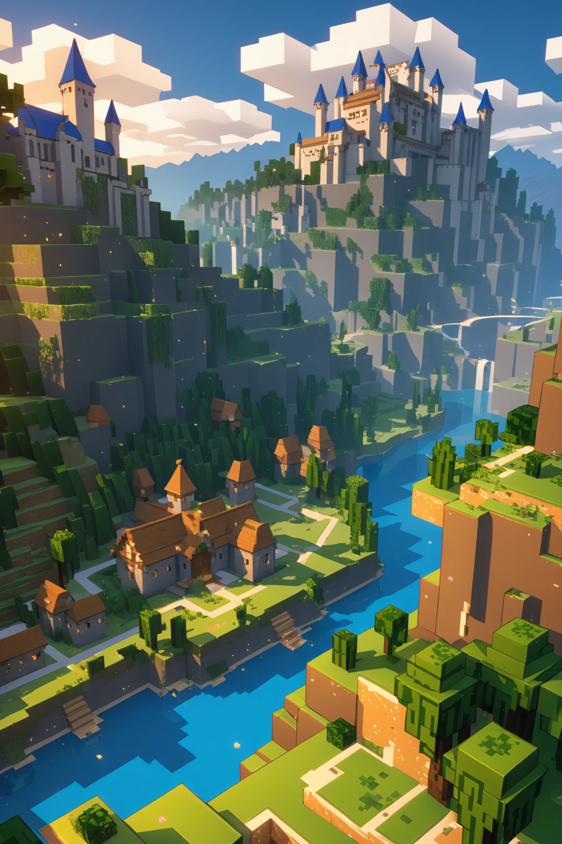 image of minecraft scenery,(minecralt style:1.5),  trees , mountains , river, sky, clouds , castle on the mountain, mages must be of the highest quality with cinematic lighting and 16K resolution. Great attention to symmetry will be used to make the characters mysterious and alluring. Artwork must be a masterpiece that displays total perfection and amazing attention to detail, including macro details, voluminous light, realistic reflections on surfaces, and ultra-detailed textures. Utilize cinematic effects to enhance the overall visual impact. For best quality, images should be UHD and in sharp focus,,score_9, score_8_up, score_7_up, score_6_up, score_5_up, score_4_up,