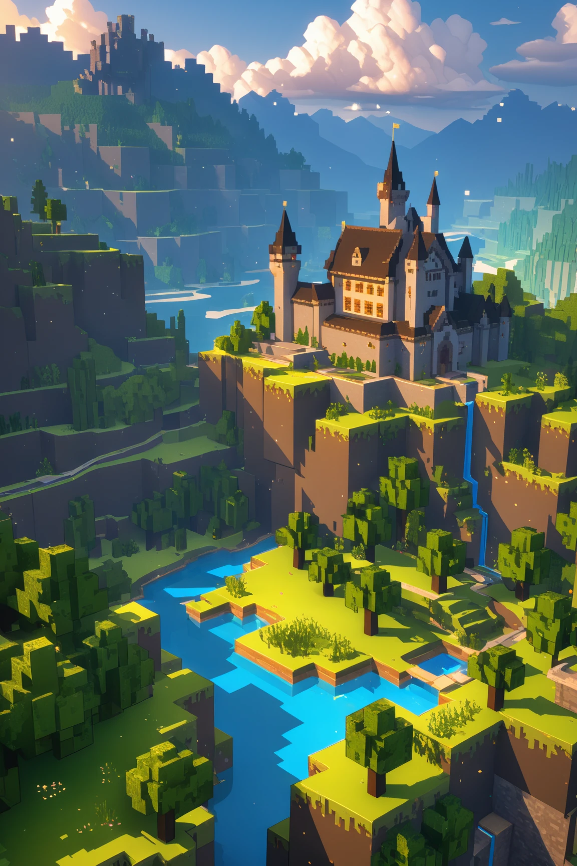 image of minecraft scenery,(minecralt style:1.5),  trees , mountains , river, sky, clouds , castle on the mountain, mages must be of the highest quality with cinematic lighting and 16K resolution. Great attention to symmetry will be used to make the characters mysterious and alluring. Artwork must be a masterpiece that displays total perfection and amazing attention to detail, including macro details, voluminous light, realistic reflections on surfaces, and ultra-detailed textures. Utilize cinematic effects to enhance the overall visual impact. For best quality, images should be UHD and in sharp focus,,score_9, score_8_up, score_7_up, score_6_up, score_5_up, score_4_up,