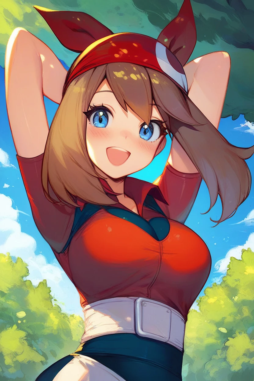 score_9, score_8_up, score_8, medium breasts, (curvy), cute, eyelashes,       zzMay, breasts, looking at viewer, blush, open mouth, bangs, shirt, upper body, short sleeves, outdoors, sky, day, collared shirt, cloud, smile, arms up, tree, eyelashes, red shirt, arms behind head, bandana, bush, official style, red bandana,  embedding:zPDXL, huge boobs, busty, curvy, thicc thighs, busty cleavage