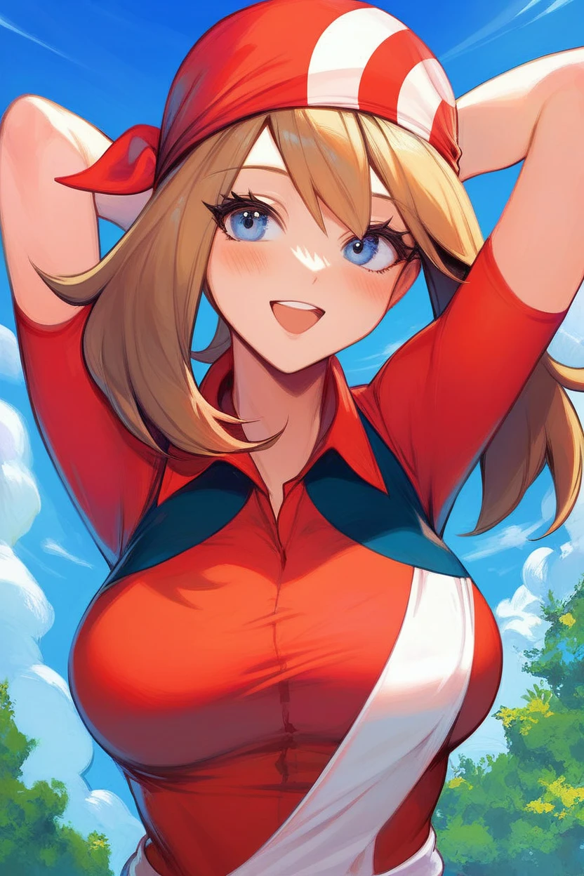 score_9, score_8_up, score_8, medium breasts, (curvy), cute, eyelashes,       zzMay, breasts, looking at viewer, blush, open mouth, bangs, shirt, upper body, short sleeves, outdoors, sky, day, collared shirt, cloud, smile, arms up, tree, eyelashes, red shirt, arms behind head, bandana, bush, official style, red bandana,  embedding:zPDXL, huge boobs, busty, curvy, thicc thighs, busty cleavage