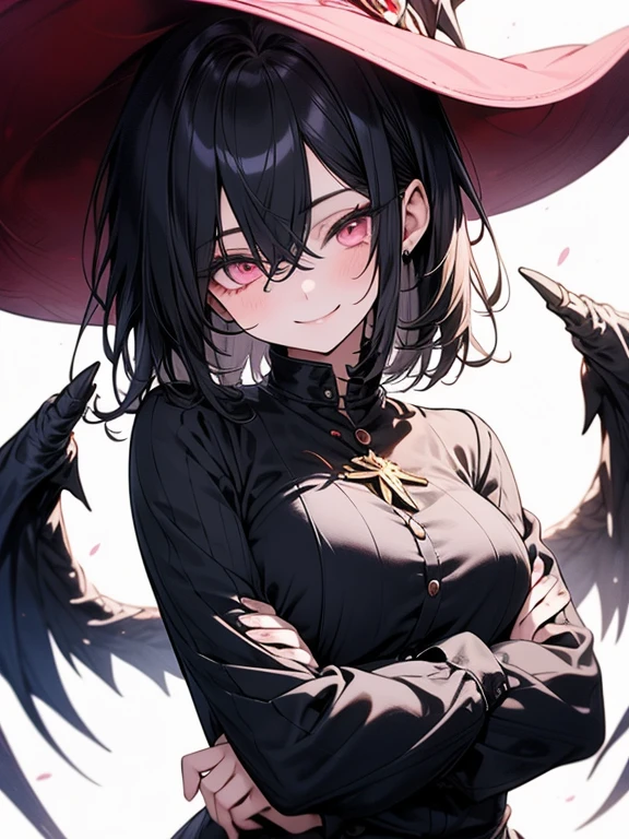 black French wide-brimmed hat, black trench coat, Black scarf, Gauze wrapped around the neck, absurdres, RAW photo, extremely delicate and beautiful, masterpiece, Best Quality, ultra high resolution, 32k, hyperrealistic, ultra-detailed, detailed description, pale skin, 20 years old, tearful mole, earring, short medium hair, wavy hair, whole body shot, legs, Red eyes, 