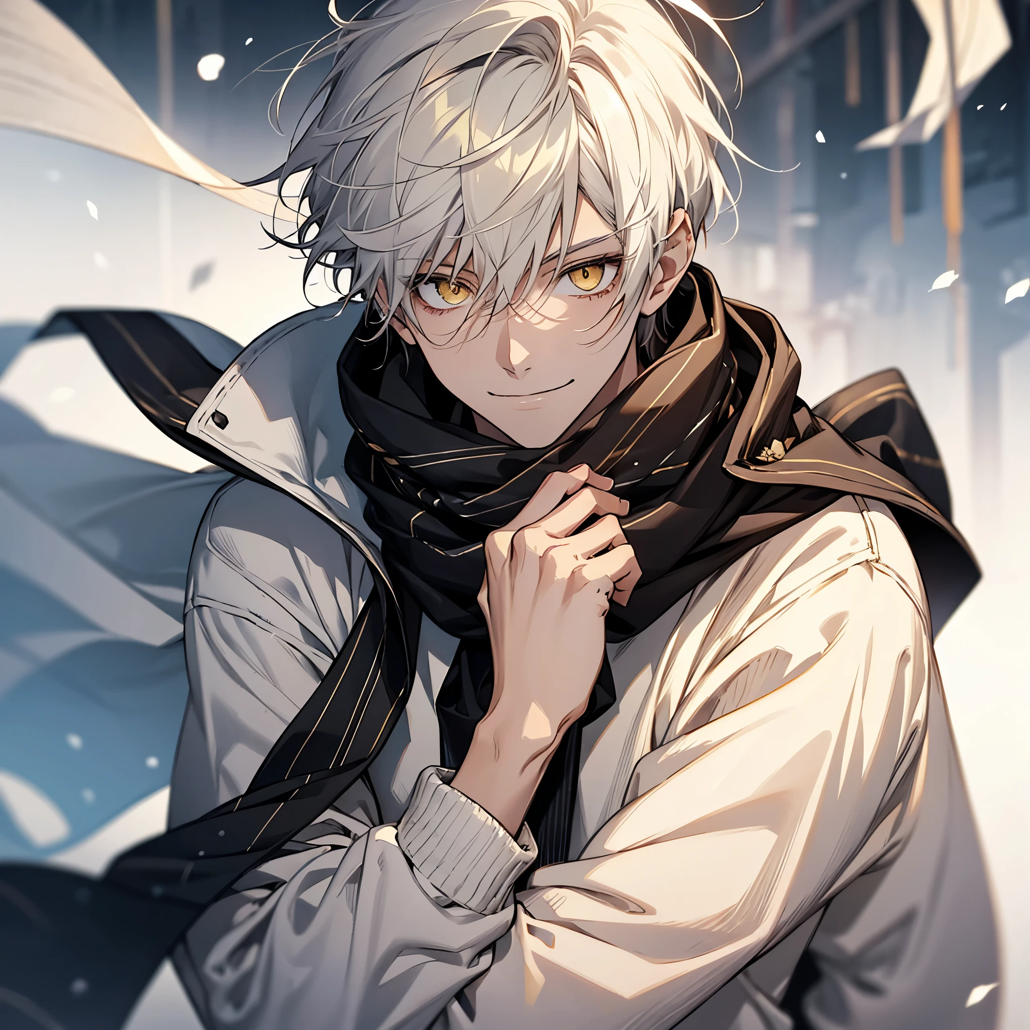 1 male, male, simple white sweater, yellow eyes, Direct facial treatment, Short、White、Disarray、Messy hair length, Bright colors and gradient black stripes, sunlight, Warm Light, Anime Style、smile, shadow、thin scarf around the neck 、winter