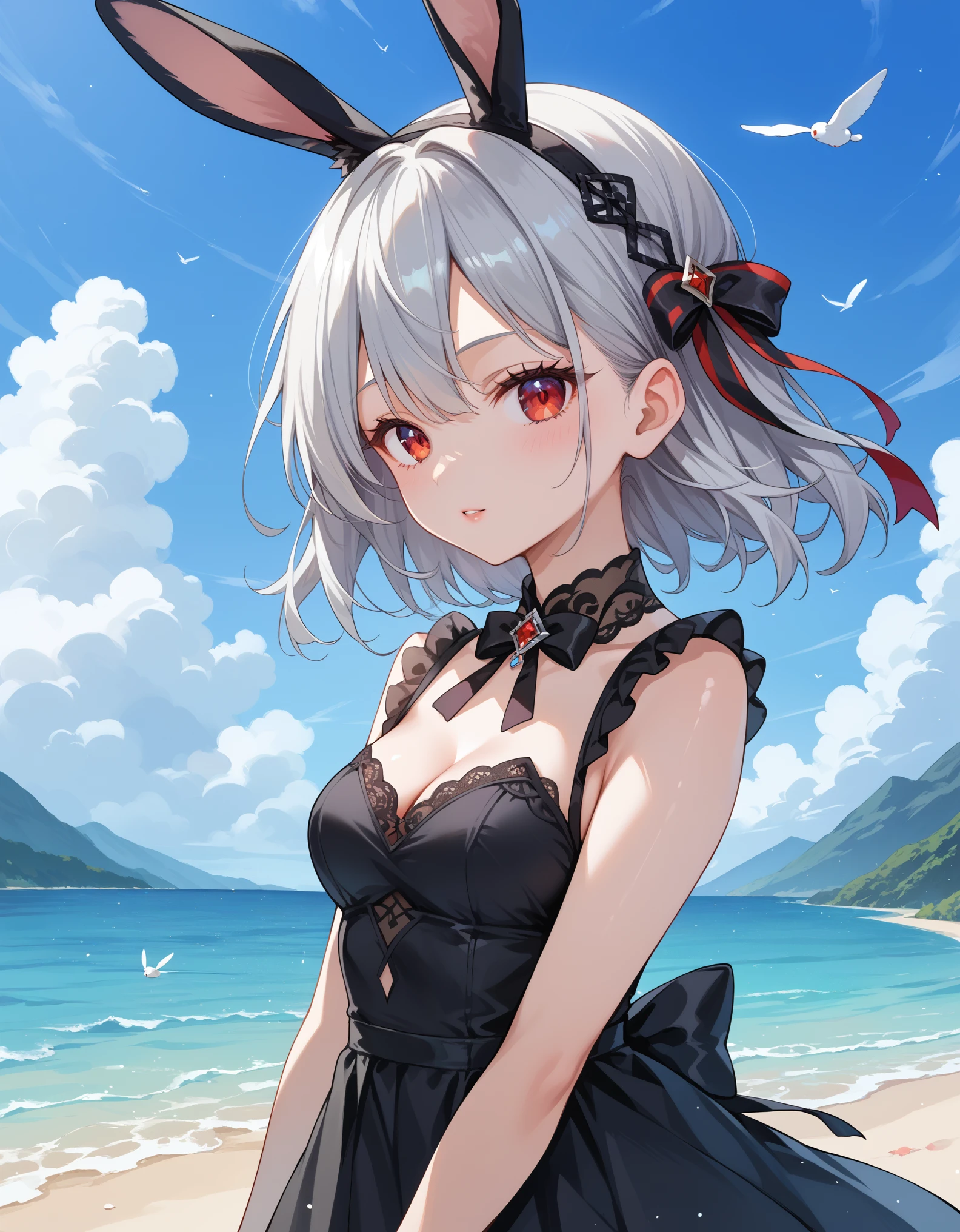 score_9, score_8_up, score_7_up, source_anime, solo, 1girl, silver hair, rabbit ears, red eyes, black dress