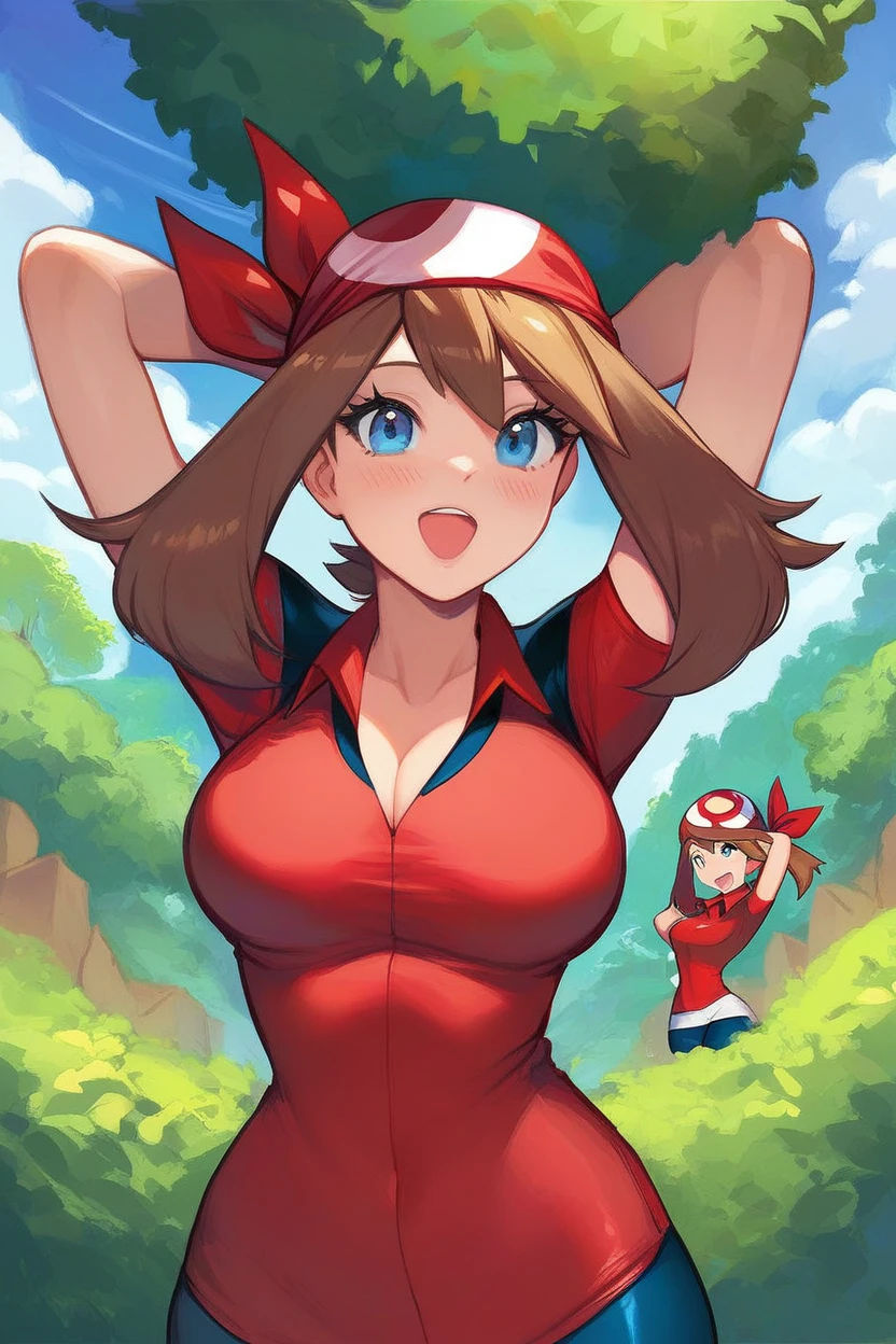 score_9, score_8_up, score_8, medium breasts, (curvy), cute, eyelashes,       zzMay, breasts, looking at viewer, blush, open mouth, bangs, shirt, short sleeves, outdoors, sky, day, collared shirt, cloud, smile, arms up, tree, eyelashes, red shirt, arms behind head, bandana, bush, official style, red bandana,  embedding:zPDXL, huge boobs, busty, curvy, thicc thighs, busty cleavage