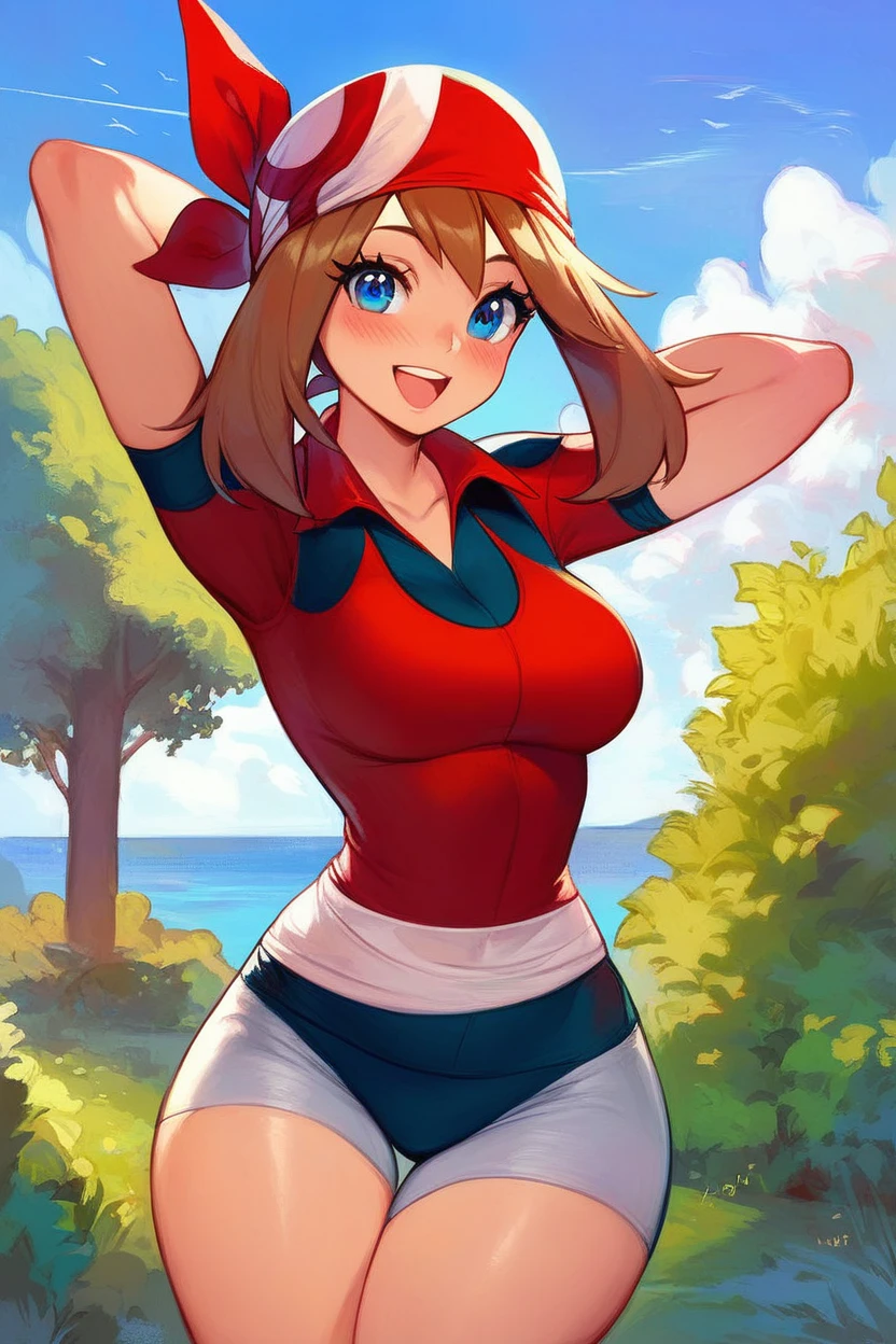 score_9, score_8_up, score_8, medium breasts, (curvy), cute, eyelashes,       zzMay, breasts, looking at viewer, blush, open mouth, bangs, shirt, short sleeves, outdoors, sky, day, collared shirt, cloud, smile, arms up, tree, eyelashes, red shirt, arms behind head, bandana, bush, official style, red bandana,  embedding:zPDXL, huge boobs, busty, curvy, thicc thighs, busty cleavage