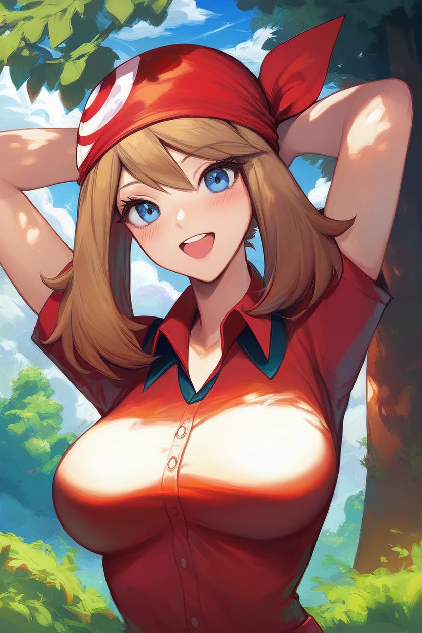 score_9, score_8_up, score_8, medium breasts, (curvy), cute, eyelashes,       zzMay, breasts, looking at viewer, blush, open mouth, bangs, shirt, upper body, short sleeves, outdoors, sky, day, collared shirt, cloud, smile, arms up, tree, eyelashes, red shirt, arms behind head, bandana, bush, official style, red bandana,  embedding:zPDXL, huge boobs, busty, curvy, thicc thighs