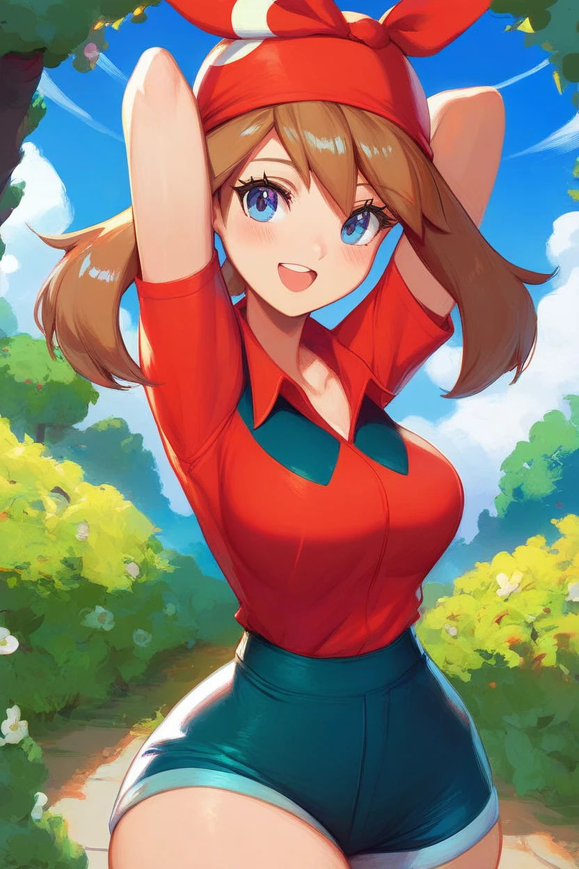 score_9, score_8_up, score_8, medium breasts, (curvy), cute, eyelashes,       zzMay, breasts, looking at viewer, blush, open mouth, bangs, shirt, upper body, short sleeves, outdoors, sky, day, collared shirt, cloud, smile, arms up, tree, eyelashes, red shirt, arms behind head, bandana, bush, official style, red bandana,  embedding:zPDXL, huge boobs, busty, curvy, thicc thighs