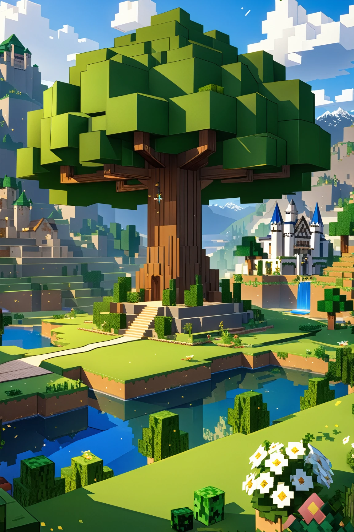 image of minecraft scenery,(minecralt style:1.5), epic Yggdrasil at center of the image, trees , mountains , river, sky, clouds , castle on the mountain, mages must be of the highest quality with cinematic lighting and 16K resolution. Great attention to symmetry will be used to make the characters mysterious and alluring. Artwork must be a masterpiece that displays total perfection and amazing attention to detail, including macro details, voluminous light, realistic reflections on surfaces, and ultra-detailed textures. Utilize cinematic effects to enhance the overall visual impact. For best quality, images should be UHD and in sharp focus,,score_9, score_8_up, score_7_up, score_6_up, score_5_up, score_4_up,