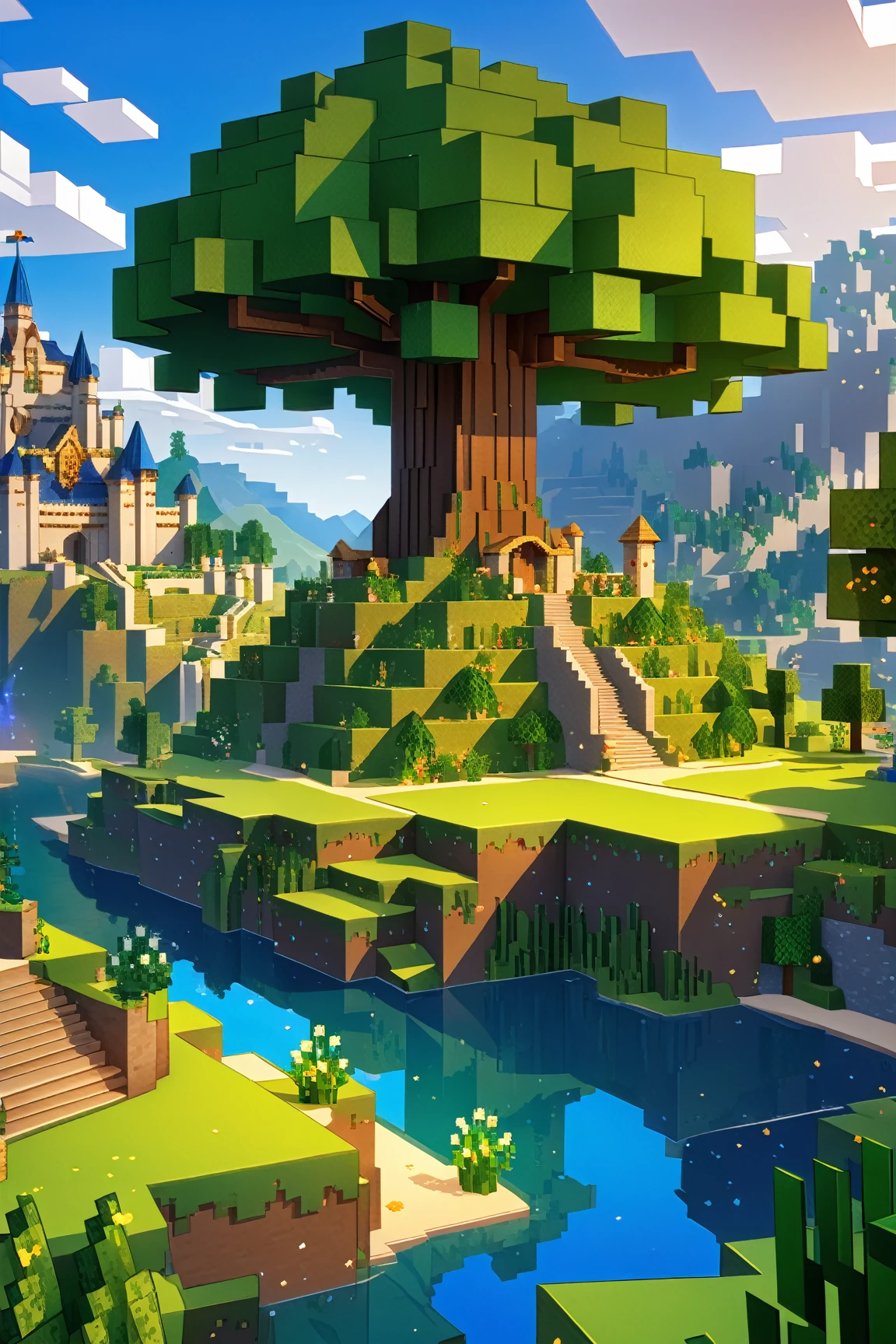 image of minecraft scenery,(minecralt style:1.5), epic Yggdrasil at center of the image, trees , mountains , river, sky, clouds , castle on the mountain, mages must be of the highest quality with cinematic lighting and 16K resolution. Great attention to symmetry will be used to make the characters mysterious and alluring. Artwork must be a masterpiece that displays total perfection and amazing attention to detail, including macro details, voluminous light, realistic reflections on surfaces, and ultra-detailed textures. Utilize cinematic effects to enhance the overall visual impact. For best quality, images should be UHD and in sharp focus,,score_9, score_8_up, score_7_up, score_6_up, score_5_up, score_4_up,