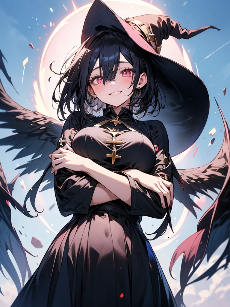 black witch hat, best quality, black leather German official uniform, wearing an army black leather hat, german soldier ww2 trnench coat outfit, thigh highs, german officer hat, (masterpiece)1 girl, Megumin, flat chest, perfect face, smile, blush, day, enchanted snow forest background,