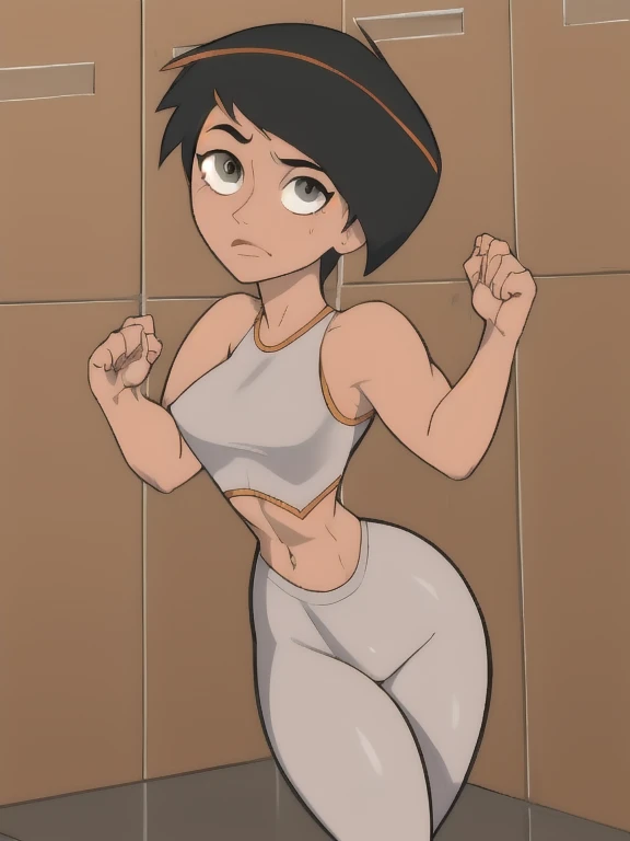 Best_QualityPos, RAW photo, beautiful face, intricate details, best quality, 8k uhd, soft lighting, 1girl, solo, grey eyes, very short black hair, bob cut, short hair, white bodysuit, white croptop, white yoga pants, bare shoulders, short breasts, abs , female athletic build, Lois Lane, manga style art. Masterpiece 