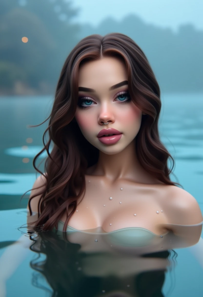 1girl, solo, long hair, blue eyes, water, brown hair, looking at viewer, lips, partially submerged, wet