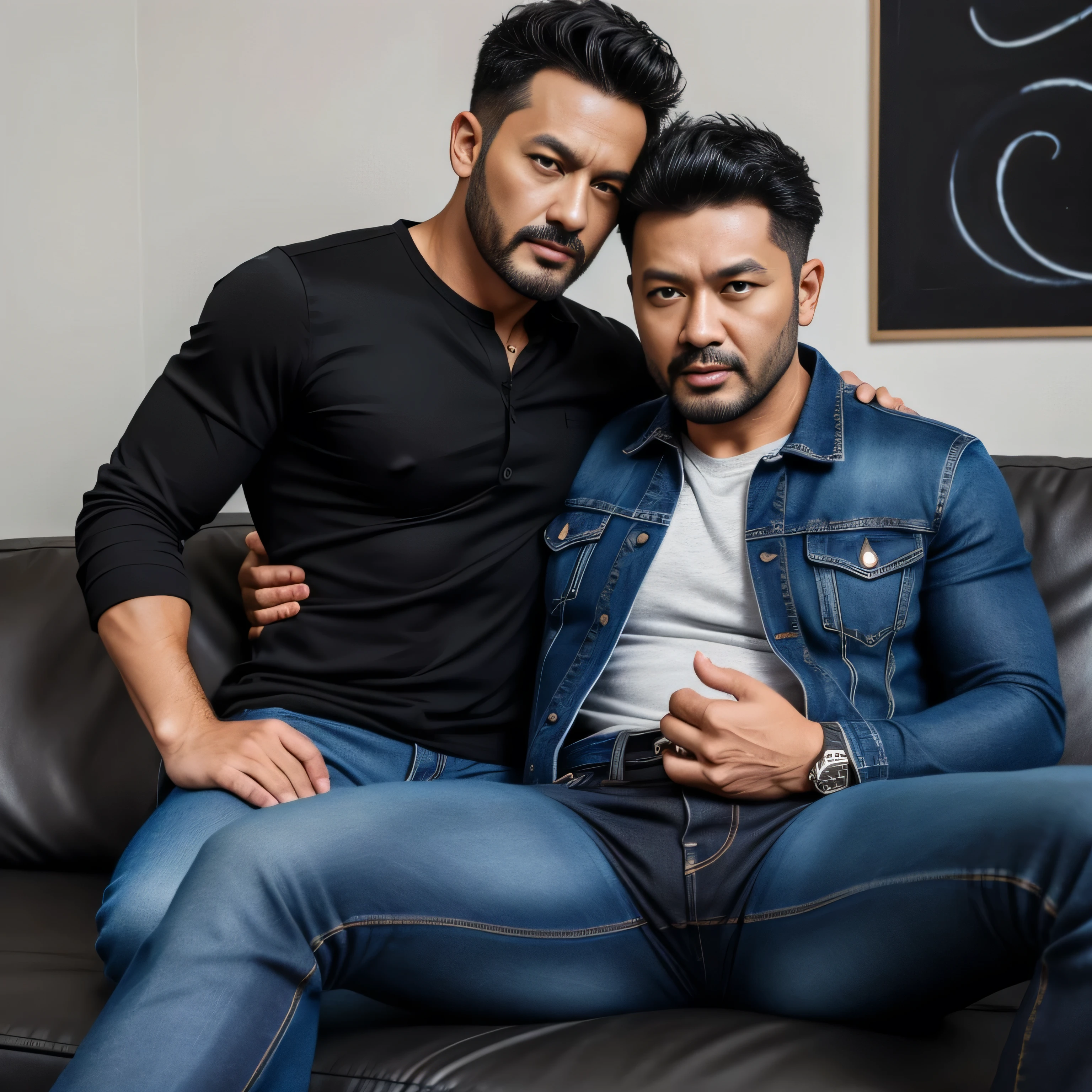 A sexy indian man sitting on a chair,and his sister is sitting on his crotch, homoerotic, handsome face, detailed face, the man has seductive expression ,penis, erection 