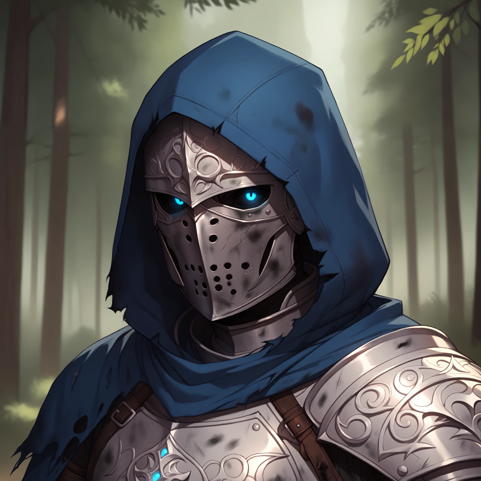 (((beautiful, high quality))), score_9, score_8_up, score_7_up, BREAK, arm0rs3nt1n3l, templar, solo, looking at viewer, 1boy, blue glowing eyes, black sclera, holding, standing, upper body, belt, hood, cape, armor, torn clothes, helmet, hood up, pauldrons, sheathed, breastplate, knight, full armor, dirty, dusty, solo, portrait, upper body, portrait, forest background, fantasy, blurred background, Expressiveh, detailxl