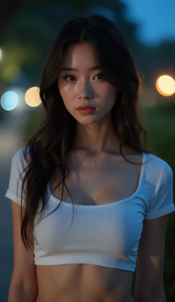 Selfie-style images。Young fair-skinned Japanese woman。She is wearing a short-sleeved summer knit made of cool-looking fabric.。Background is a park at night。Sexy chest。Selfie-style images。
