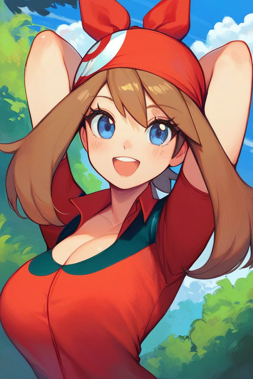 score_9, score_8_up, score_8, medium breasts, (curvy), cute, eyelashes,       zzMay, breasts, looking at viewer, blush, open mouth, bangs, shirt, upper body, short sleeves, outdoors, sky, day, collared shirt, cloud, smile, arms up, tree, eyelashes, red shirt, arms behind head, bandana, bush, official style, red bandana,  embedding:zPDXL, huge boobs, busty, curvy, thicc thighs, busty cleavage 