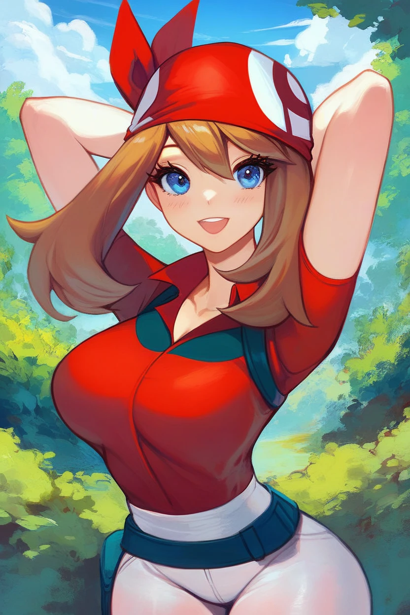 score_9, score_8_up, score_8, medium breasts, (curvy), cute, eyelashes,       zzMay, breasts, looking at viewer, blush, open mouth, bangs, shirt, upper body, short sleeves, outdoors, sky, day, collared shirt, cloud, smile, arms up, tree, eyelashes, red shirt, arms behind head, bandana, bush, official style, red bandana,  embedding:zPDXL, huge boobs, busty, curvy, thicc thighs, busty cleavage 