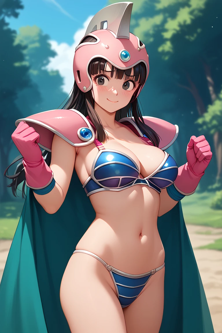 masterpiece, best quality, highres, dragon ball, aachichi, long hair, helmet, pink headwear, black eyes, large breasts, shoulder armor, bikini armor, green cape, pink gloves, navel, groin, embarrassed, standing, blush, smile, outdoors