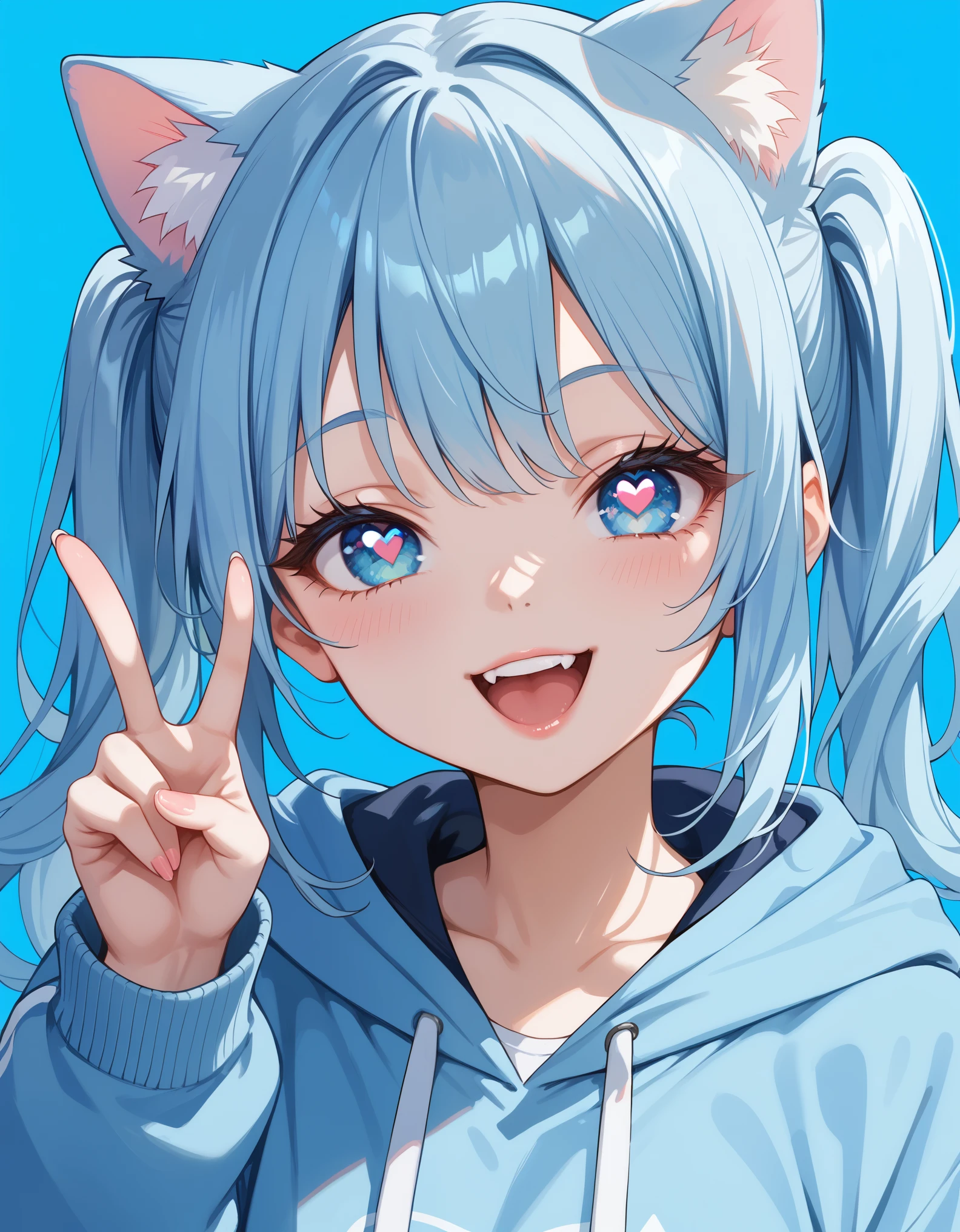 score_9, score_8_up, score_7_up, 1girl, cat girl, cat ears, animal ears, long hair, twintails, light blue hair, blue eyes, hoodie, v sign, heart-shaped pupils, open mouth, happy, smile, close up, simple background, blue background