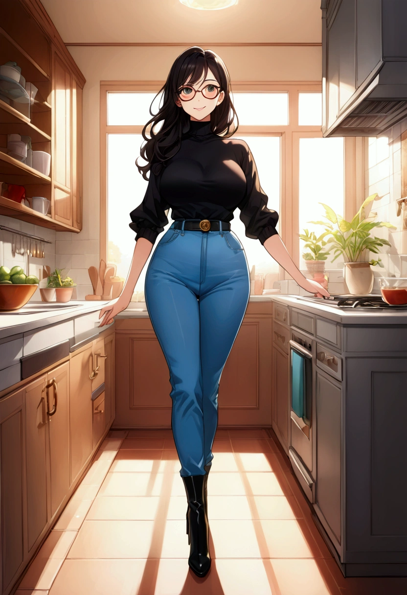 (anime:1.8), detailed illustration, big fat ass, tall trim female, long luxurious black hair, wearing thin rim glasses, wearing black turtleneck, mom jeans, high heel black boots, standing in kitchen, milf, brown eyes, happy, happy house wife, (bright and sunny outside:1.5) , trim waist, flared hips, smile and looking at viewer,