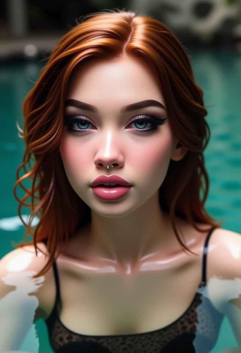 1girl, solo, long hair, blue eyes, water, auburn hair, looking at viewer, lips, partially submerged, wet