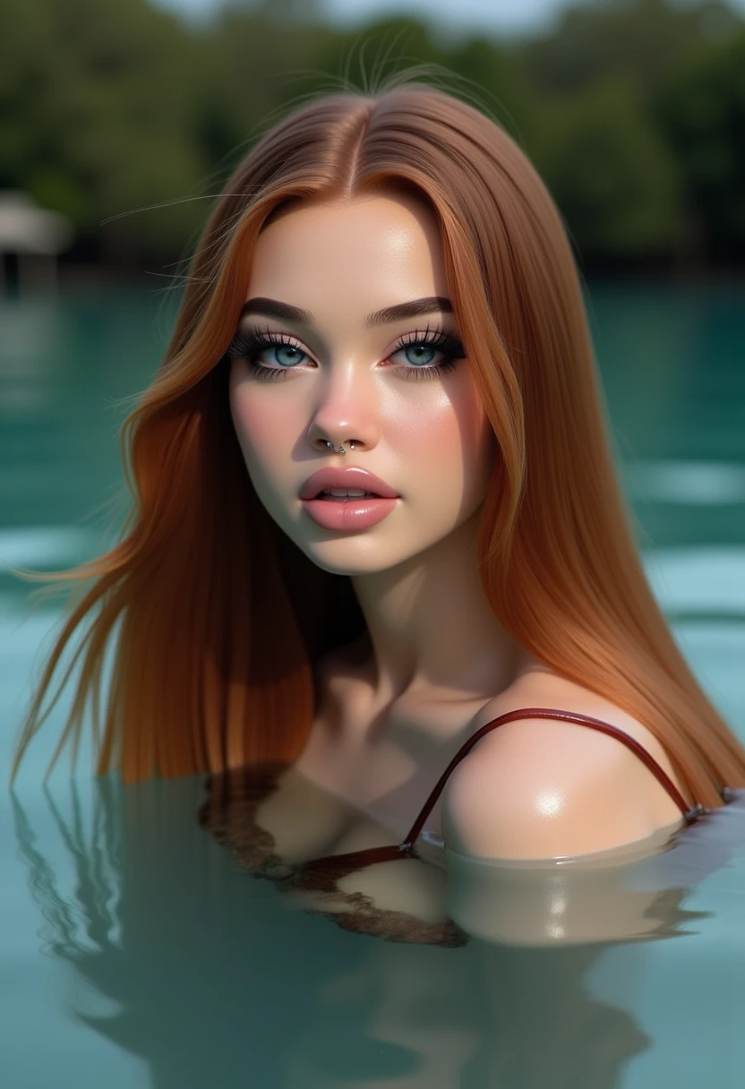 1girl, solo, long hair, blue eyes, water, auburn hair, looking at viewer, lips, partially submerged, wet