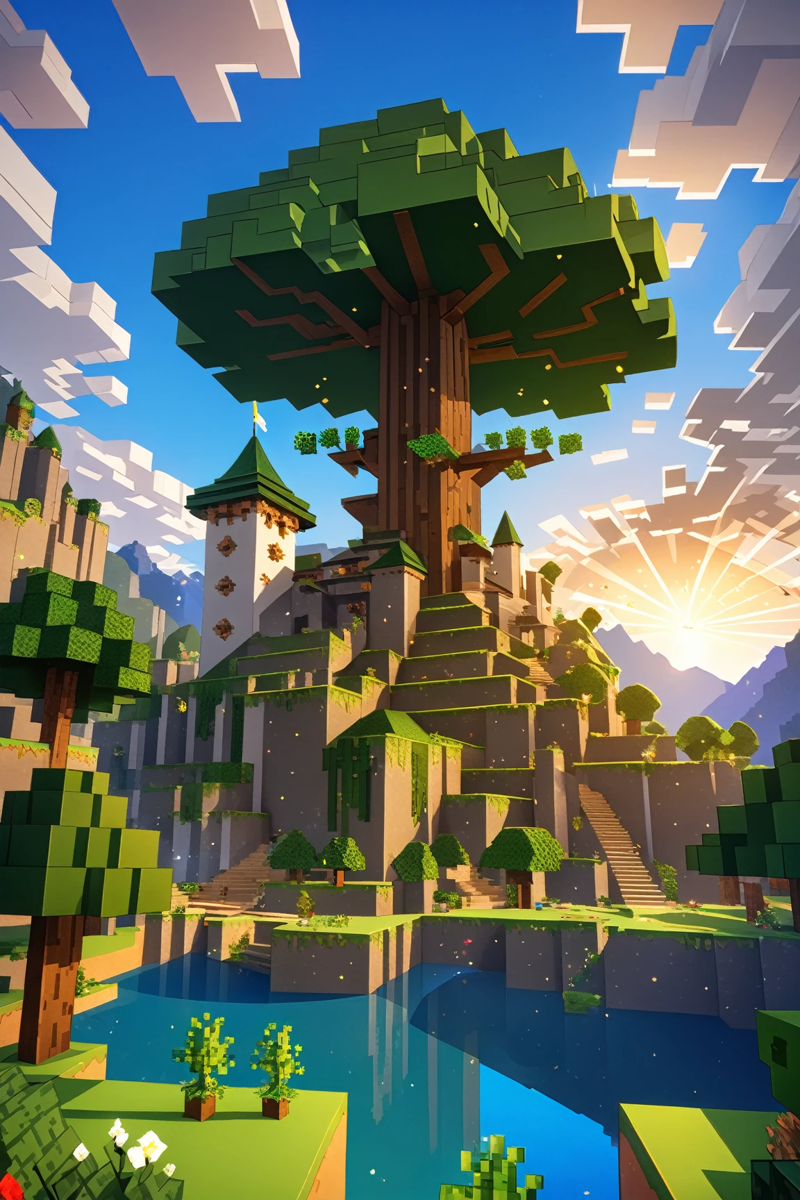 image of minecraft scenery,(minecralt style:1.5), epic gigantic Yggdrasil at center of the image,(viewed from below:1.5), trees , mountains , river, sky, clouds , castle on the mountain, mages must be of the highest quality with cinematic lighting and 16K resolution. Great attention to symmetry will be used to make the characters mysterious and alluring. Artwork must be a masterpiece that displays total perfection and amazing attention to detail, including macro details, voluminous light, realistic reflections on surfaces, and ultra-detailed textures. Utilize cinematic effects to enhance the overall visual impact. For best quality, images should be UHD and in sharp focus,,score_9, score_8_up, score_7_up, score_6_up, score_5_up, score_4_up,