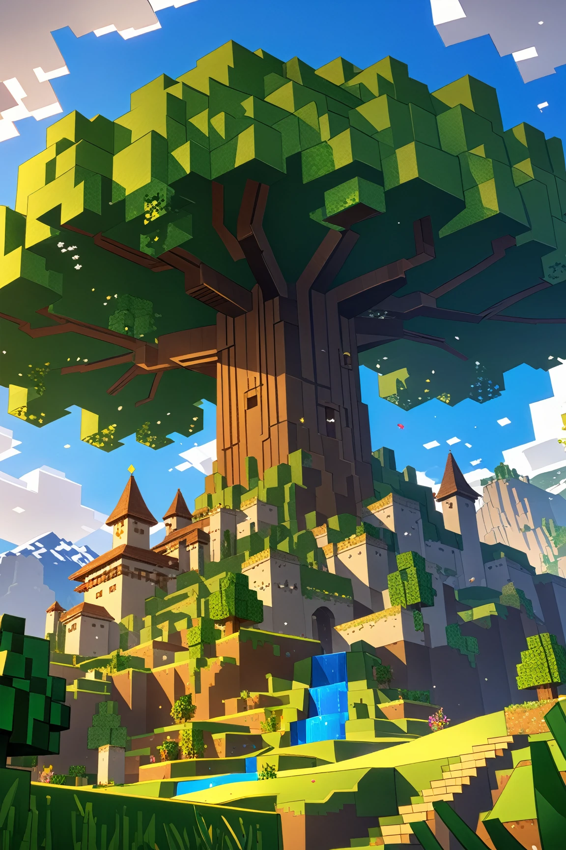 image of minecraft scenery,(minecralt style:1.5), epic gigantic Yggdrasil at center of the image,(viewed from below:1.5), trees , mountains , river, sky, clouds , castle on the mountain, mages must be of the highest quality with cinematic lighting and 16K resolution. Great attention to symmetry will be used to make the characters mysterious and alluring. Artwork must be a masterpiece that displays total perfection and amazing attention to detail, including macro details, voluminous light, realistic reflections on surfaces, and ultra-detailed textures. Utilize cinematic effects to enhance the overall visual impact. For best quality, images should be UHD and in sharp focus,,score_9, score_8_up, score_7_up, score_6_up, score_5_up, score_4_up,