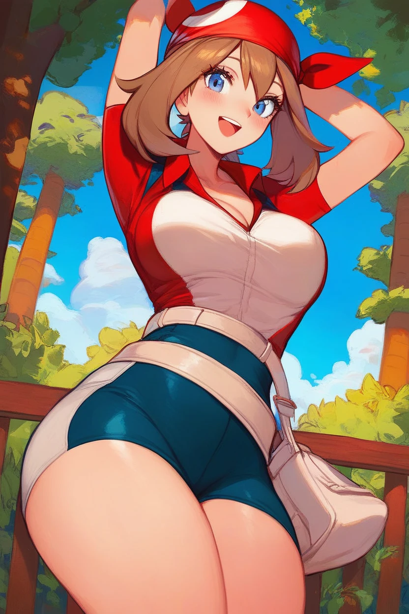 score_9, score_8_up, score_8, medium breasts, (curvy), cute, eyelashes,       zzMay, breasts, looking at viewer, blush, open mouth, bangs, shirt, short sleeves, outdoors, sky, day, collared shirt, cloud, smile, arms up, tree, eyelashes, red shirt, arms together, bandana, bush, official style, red bandana,  embedding:zPDXL, huge boobs, busty, curvy, thicc thighs, busty cleavage 