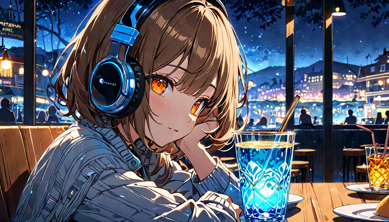 (extremely detailed fine touch:1.3), (((semi-rimless round eyewear:1.3))), (headphone:1.2), short hair, blunt bangs, 1girl, solo, bare arms, glow eyes,woman is drinking alcohol in the living room.