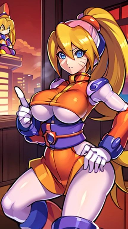 {{masterpiece, ultra-high quality, ultra detailed,}} 1girl, Perfect Character Fusion, Blond, Naurko Uzumaki, Iris (Mega Man X), Outfit fusion, large boobs, whisker like marks, orange sash around waste, Japanese buildings, sexy pose, sexy outfit, courtesan outfit, bedroom setting, doll joints, professional art, 
