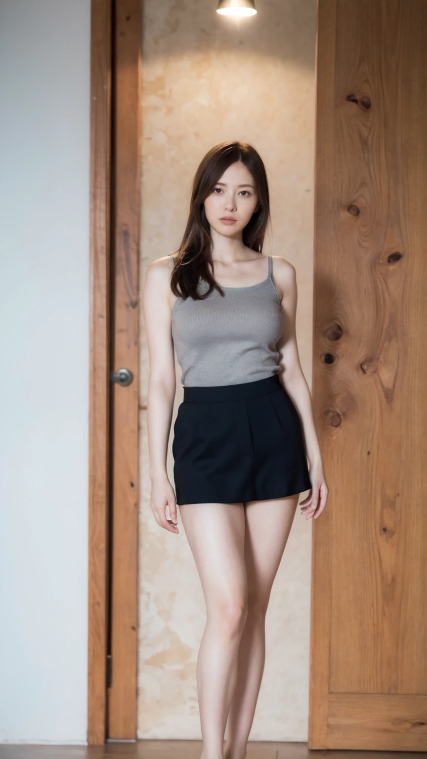 RAW photo, bokeh (realism: 1.4, realistic), high detail CG unified 8K wallpaper, 1girl,  (HQ skin: 1.4), 8k uhd, dslr, front lighting, high quality, Fujifilm XT3, 21 years old female with long hair sitting on a counch,((slim body, skinny, natural breast)),(((height:163cm))), ((wearing knit tank top, black short skirt,cleavage)), (looking at viewer), ((ultra detailed room background))), ((full body:1.6))