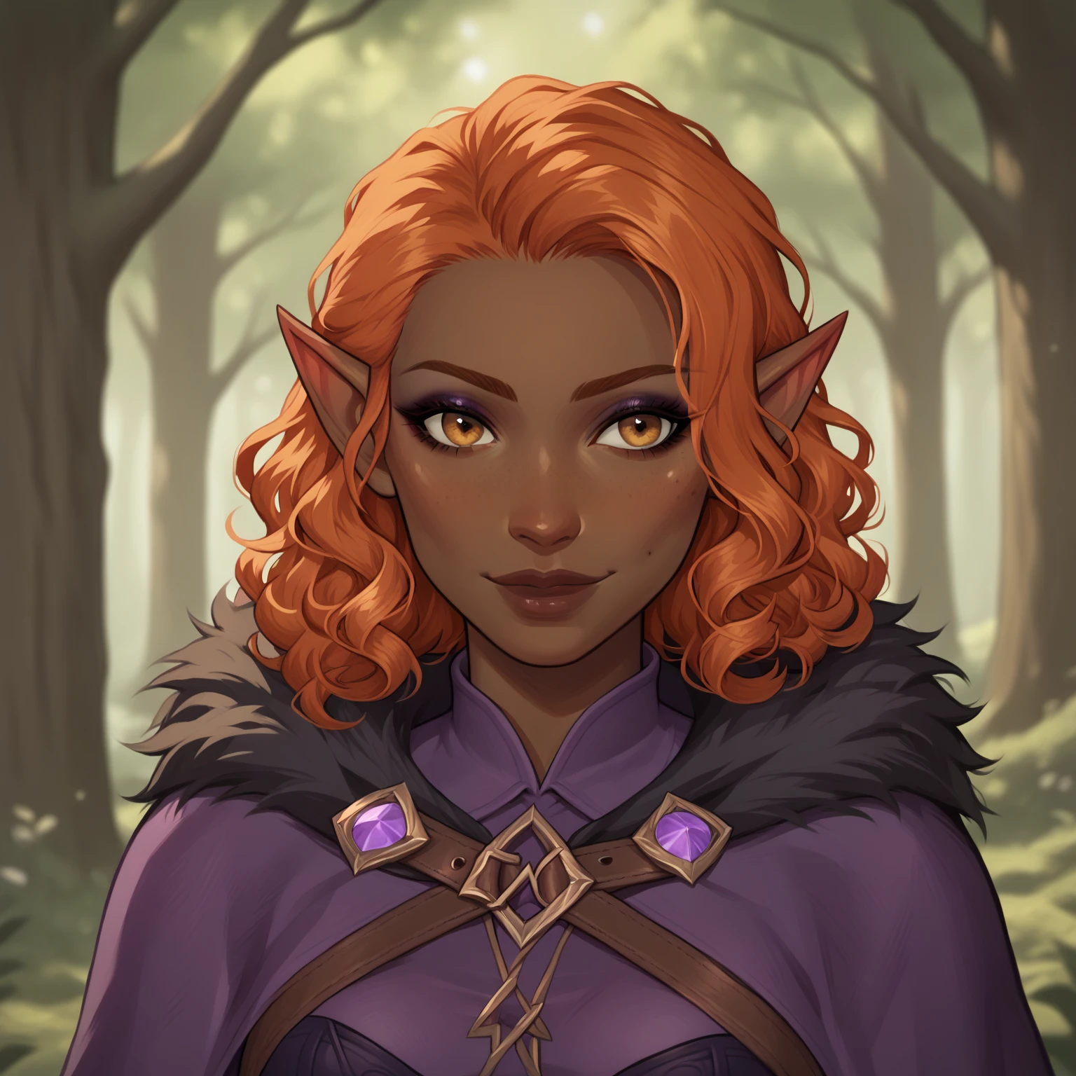 (((beautiful, high quality, detailed face))), score_9, score_8_up, score_7_up, BREAK, (dark skin, brown skin:1.4), curly hair, orange hair, small pointy ears, lanky, gangly, small medium cleavage, (black fur trimmed cape:1.2), wizard, black corset, purple shirt:1.2, purple tunic, belt, eyeliner, makeup, horny face, 1girl, female focus, solo, portrait, upper body, portrait, forest background, fantasy, blurred background, Expressiveh, detailxl