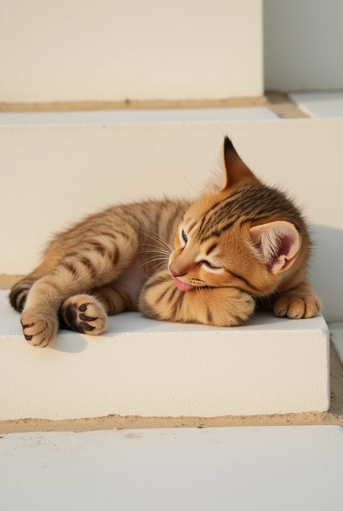 masterpiece, best quality, 8k, highres, high bright,tiger-striped kitten, lie down,full body, relax, closing eyes,on stone steps, Groom your own arm with your tongue, cute, orange and black fur, tilted head, soft lighting, white stone background,