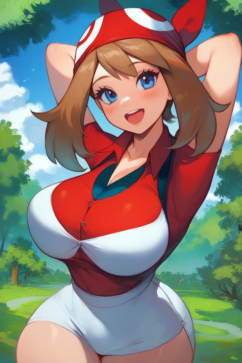 score_9, score_8_up, score_8, 1girl (curvy), cute, eyelashes,       zzMay, breasts, looking at viewer, blush, open mouth, bangs, shirt, short sleeves, outdoors, sky, day, collared shirt, cloud, smile, arms up, tree, eyelashes, red shirt, arms behind head, bandana, bush, official style, red bandana,  embedding:zPDXL, huge boobs, busty, curvy, thicc thighs, busty cleavage, massive boobs, busting out of top