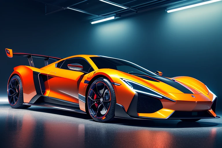 a high-end sports car in motion, The vehicular design highlighted with neon accents, Futuristic and dynamic composition, Cyberpunk aesthetic, 3D rendering with ray tracing, 8k resolution