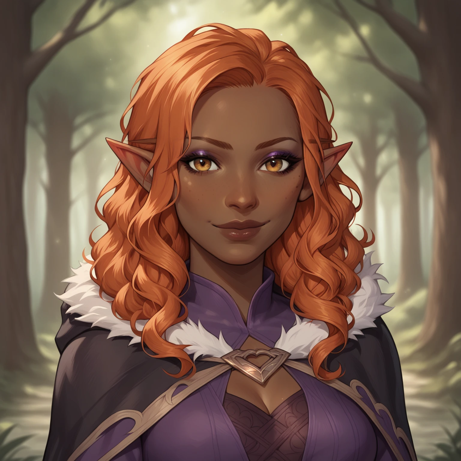 (((beautiful, high quality, detailed face))), score_9, score_8_up, score_7_up, BREAK, (dark skin, brown skin:1.4), curly hair, orange hair, small pointy ears, lanky, gangly, small medium cleavage, (black fur trimmed cape:1.2), wizard, black corset, purple shirt:1.2, purple tunic, belt, eyeliner, makeup, horny face, 1girl, female focus, solo, portrait, upper body, portrait, forest background, fantasy, blurred background, Expressiveh, detailxl