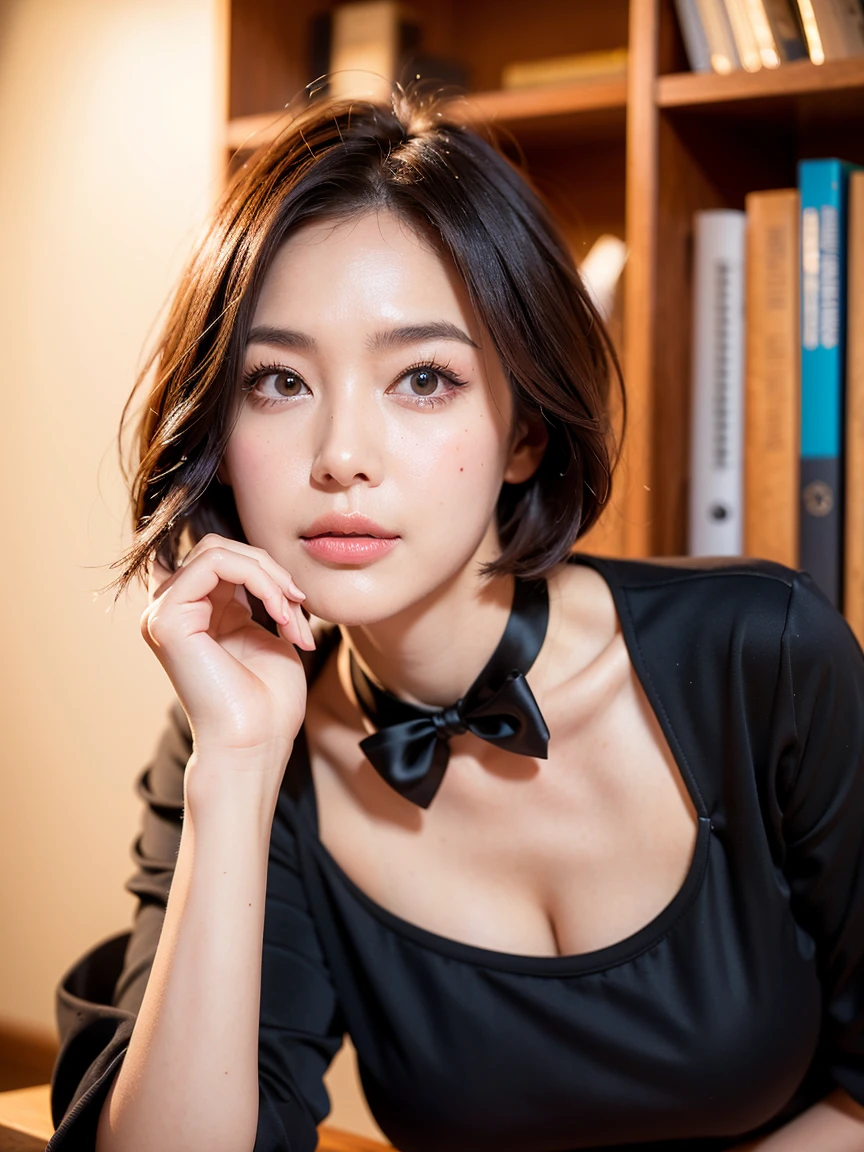 Smiling Woman, (((shorth hair))), Business suits,((long skirt)),(masterpiece, top-quality, Near and far law), beautiful expression, in 8K, Raw foto, Photorealsitic, film grains, chromatic abberation, hight resolution, ultra-detailliert, finely detail, 动态照明, Dramatic Lighting、shadowy、extremely detailed eye and face、Round pupils、(((Modern and luxurious office)))、long legged