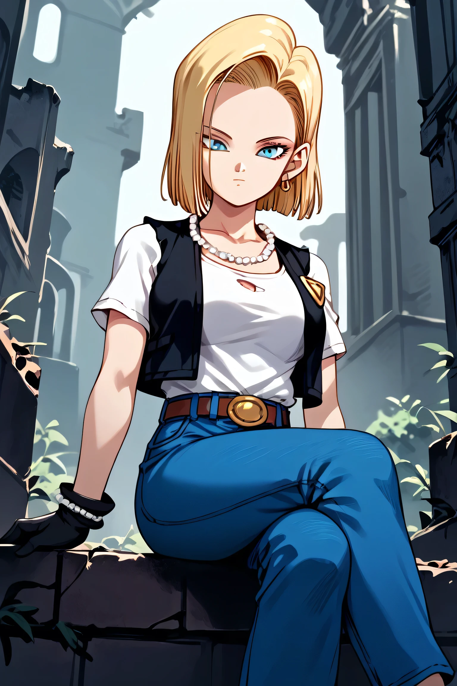 best quality, highres, and18, 1girl, android 18, solo, blonde hair, blue eyes, belt, jeans, pearl_necklace, bracelet, black gloves, white shirt, short hair, short sleeves, earrings, blue pants, open vest, black vest, large breasts, (ruins:1.3), (torn clothes:1.5), sitting, expressionless, crossed legs,