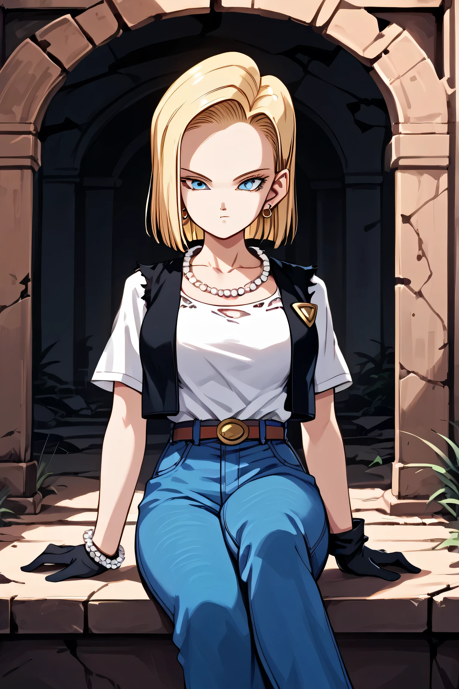 best quality, highres, and18, 1girl, android 18, solo, blonde hair, blue eyes, belt, jeans, pearl_necklace, bracelet, black gloves, white shirt, short hair, short sleeves, earrings, blue pants, open vest, black vest, large breasts, (ruins:1.3), (torn clothes:1.5), sitting, expressionless, crossed legs,